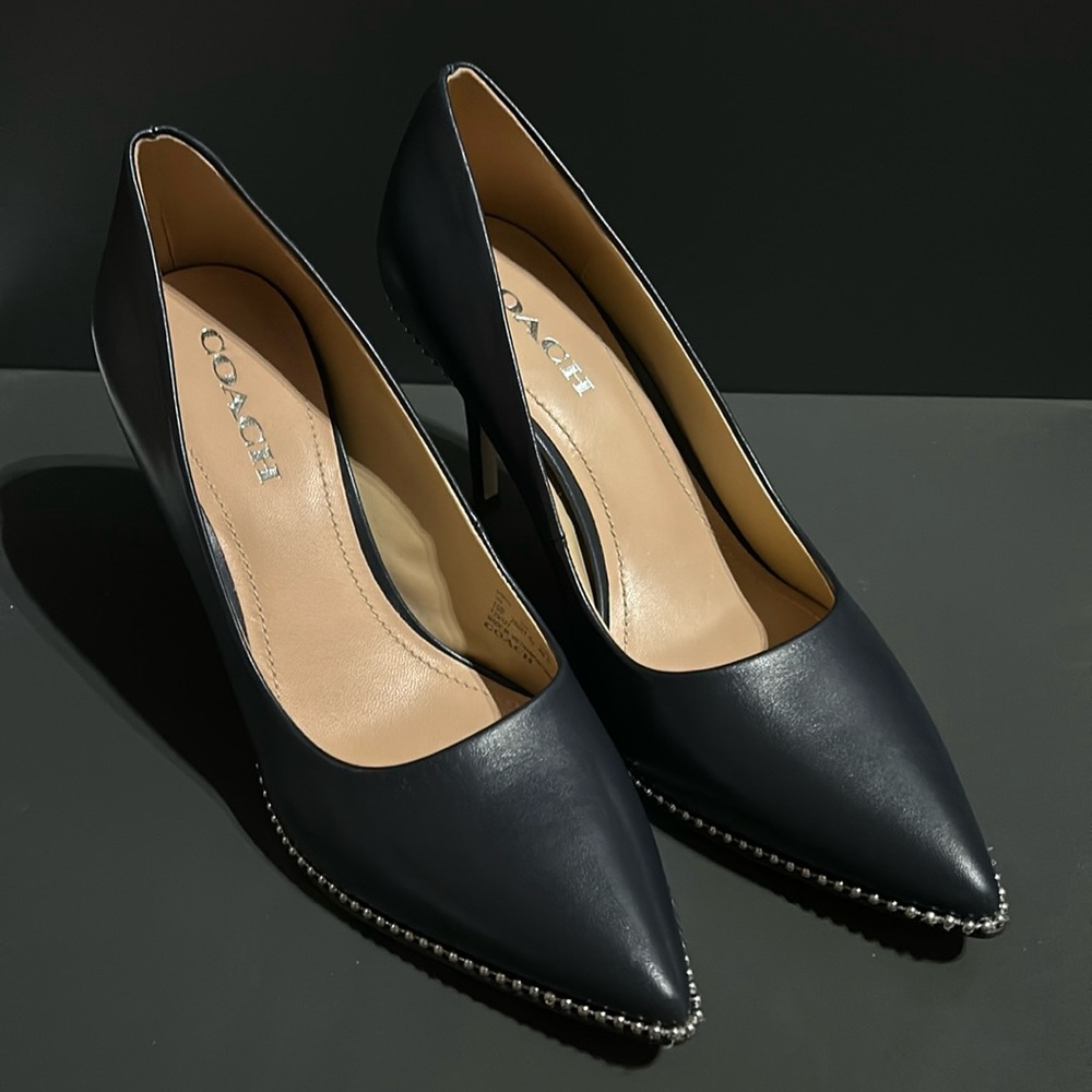 Navy Coach Leather Pumps Size 10 Bead-Trim Heels NWOB